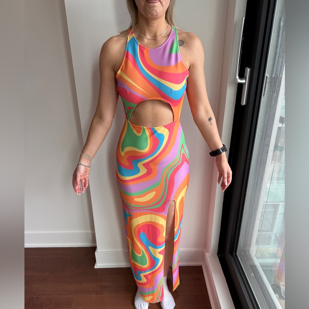 Beginning Boutique Multicolor Swirl Cutout Maxi Dress - Orange Pink Blue Green